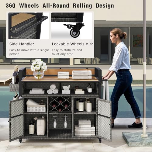 Image of Merax 52.8 inch W Wicker Outdoor Grill Cart with Extended Plastic Wood Table Top, Rolling Kitchen Island on Wheels with Storage Cabinet, for Patio Backyard Garden Poolside, Double Handle Design, Grey