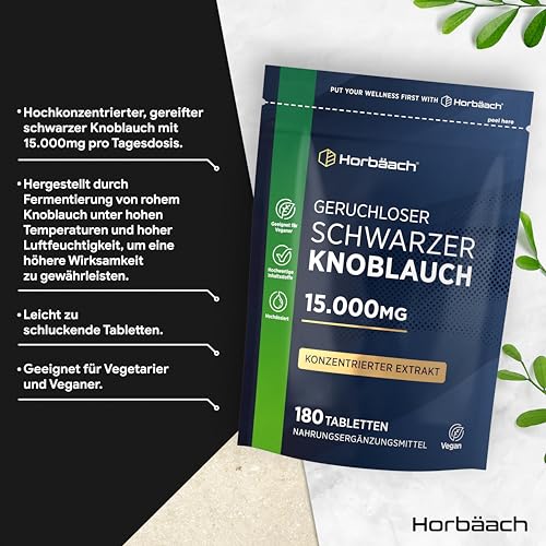 Schwarzer Knoblauch 15.000mg | 180 Schwarze Knoblauchtabletten | aus konzentrierter Knoblauchextrakt | Hochdosiert und Vegane | Aged Black Garlic Supplement | von Horbaach