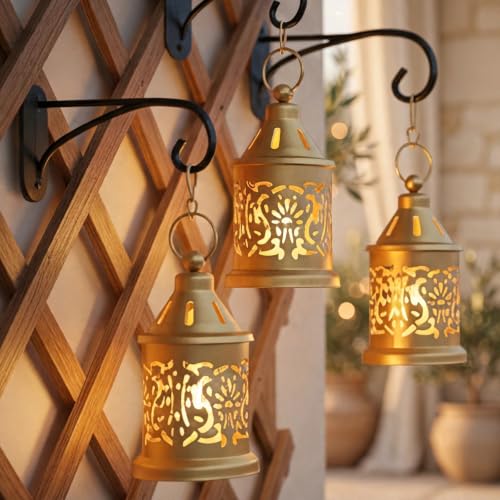 Image of Nutech Decor Hanging Metal Candle & Tealight Holder Lantern Set With LED Candle - Decorative Golden Vintage Lanterns for Home, Living Room, Dining Table, Balcony, Garden & Festival Gifting (Pack of 5)