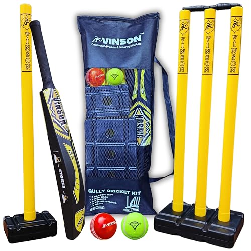 Vinson Stokes Edition Tweenager (8-12 yrs) Plastic Cricket Kit with a Double Blade Bat (450 gm) & a 750 gm Stumps Set with a Single Bowling Wicket for Both Sides, PVC Windball & a Storage Carry Bag.