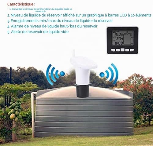 Ultrasonic sensor installed on top of a water tank, showing wireless signal transmission to the receiver
