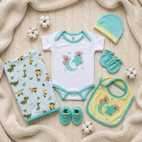Image of TinyLane - Curated for you! Baby Products All New Born Combo, 0-36 Months, Multi Color, Skin Friendly (Pack of 8, Mini Saurus Giftset)