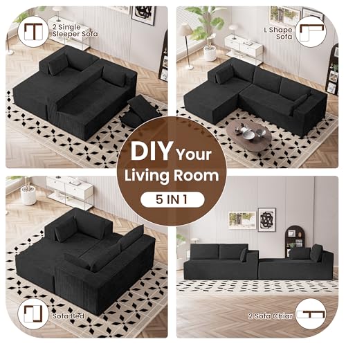 Image of 106 inch Cloud Sectional Boneless Couches for Living Room, Modular L Shaped Couch with Deep Seat Oversized Right Facing Chaise, Memory Foam Compressed Spineless 3 Seater Sofa for Apartment, Black