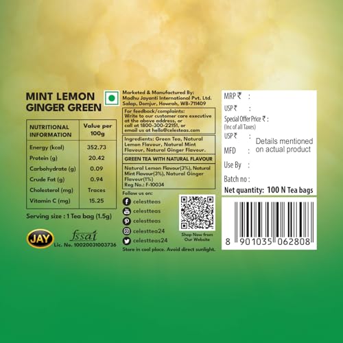 Image of Celest Ginger Mint Lemon Green Tea 400 Tea Bags (100 Bags x 4) | Immunity Support | Refreshing & Energizing