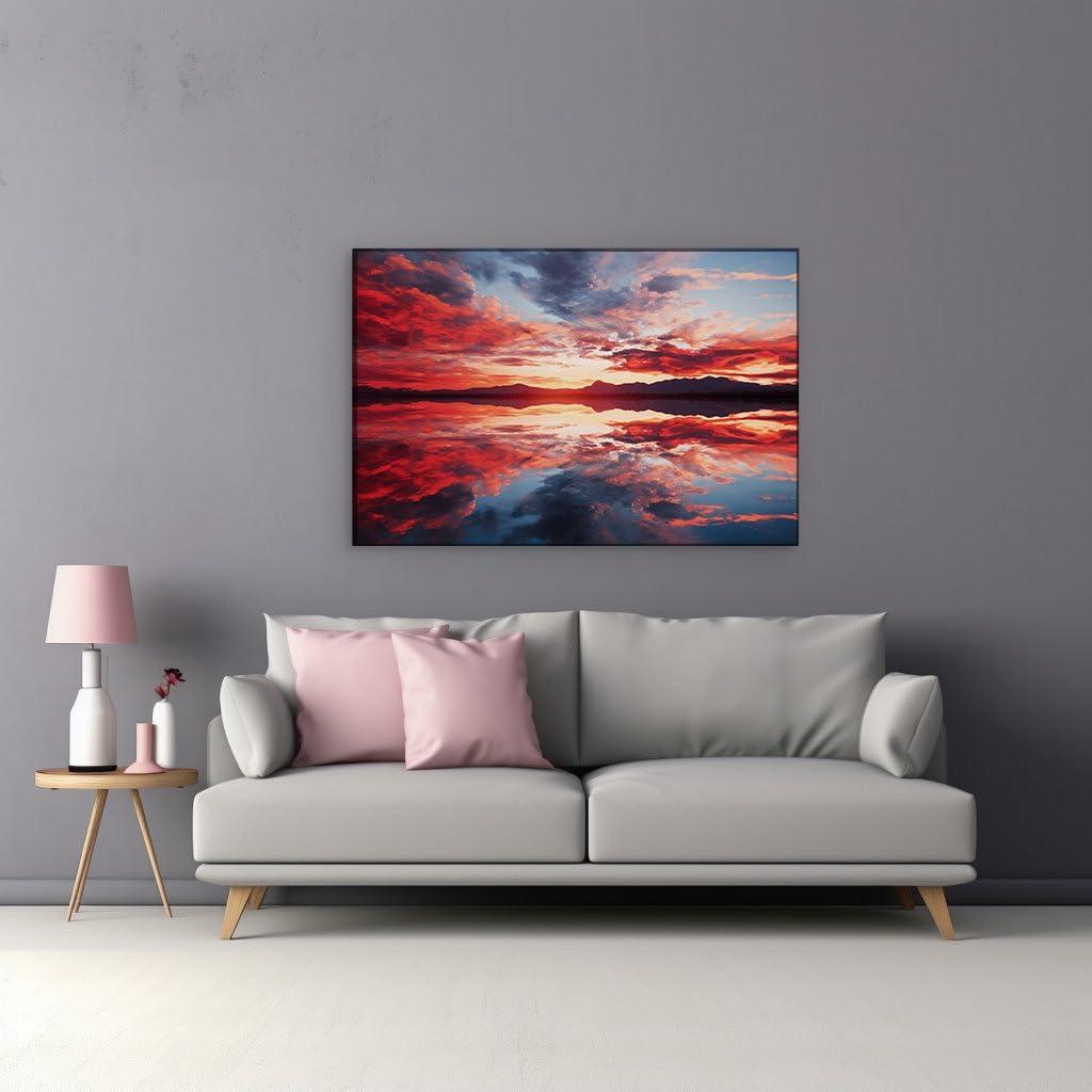 Canvas for Living room. Majestic Sunset Serenity: Lake Mirrors Red Sky Splendor, 27 x 18 inch Canvas Wall Art - Contemporary Masterpieces - Modern Home Decor