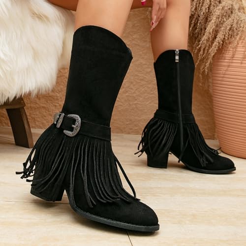 getmorebeauty Women's Mid Calf Boots Low Chunky Heels Closed Toe Suede Vintage Tassels Side Zipper Ankle Boots for Autum Winter3