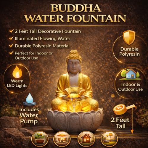 Image of 2 Feet Kamal Buddha Water Fountain for Home & Garden|Fiber Buddha Fountain with LED Light|Indoor Outdoor Fountain for Vastu & Positivity (Golden, 2 Feet Kamal Buddha Fountain)