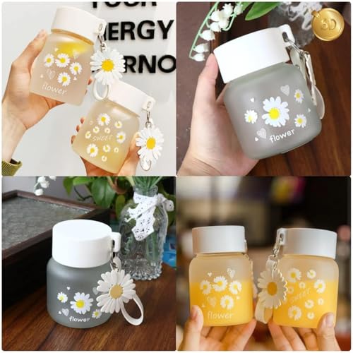 Image of Glassbunny Frosted Glass Water Bottle with Lid and Portable Rope, 300 ML Drinking Glass Coffee Mug Juice Jar Flower Printed Tea Cup for Office, Summer, Home, Outdoor