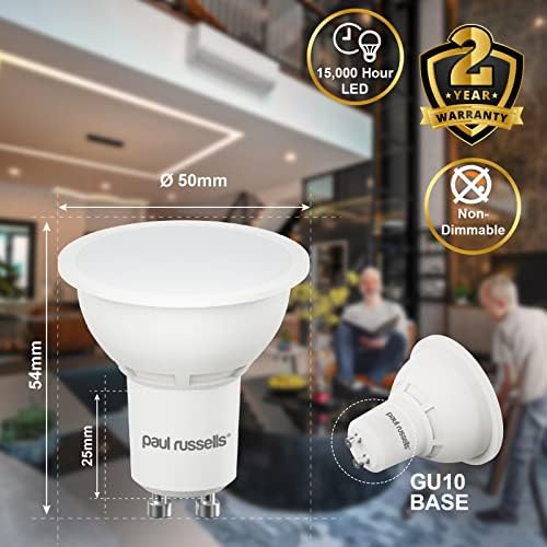 paul russells LED Light Bulbs GU10, 25w Spotlight Bulb Equivalent, 3W 235LM LED Bulbs, Warm White 2700K, Frosted GU10 Spotlight, Energy Saving Light Bulbs Pack of 2
