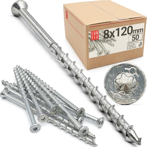 50 stk. Set Schrauben für Porenbeton 8x120 mm aus Stahl verzinkt mit Senkkopf und TX-Antrieb für Ytong, Beton, Gips, Gasbeton, Innen- und Außenbereich