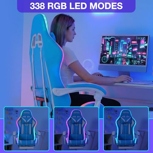 Image of RGB Gaming Chair with LED Lights Massage Game Chair with Footrest Ergonomic Computer Chair High Back Video Game Chair with Adjustable Lumbar Support Linkage Armrest Blue and White