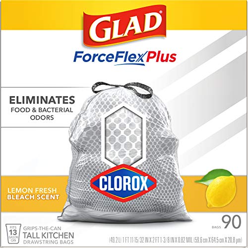 Glad Tall Kitchen Trash Bags ForceFlex Plus with Clorox, 13 Gallon, Lemon Fresh Bleach Scent 90 Count (Package May Vary)