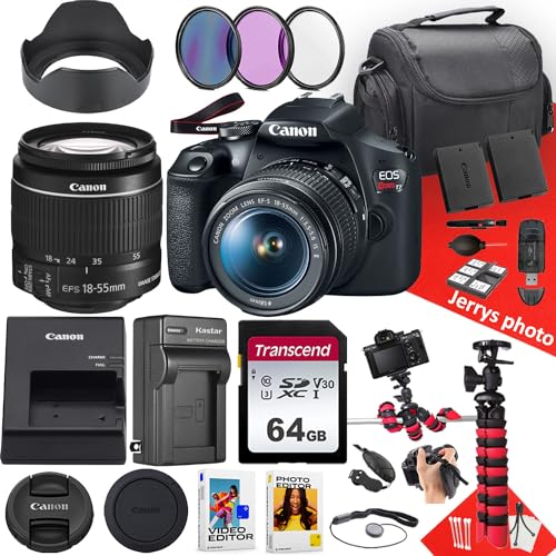 Canon EOS Rebel T7 / 2000D DSLR Camera with Canon EF-S 18-55mm f/3.5-5.6 is II Lens + 64 GB Memory + Hood + Extra Battery + Battery Charger + Filters + More (27pc Bundle) (Renewed), Black