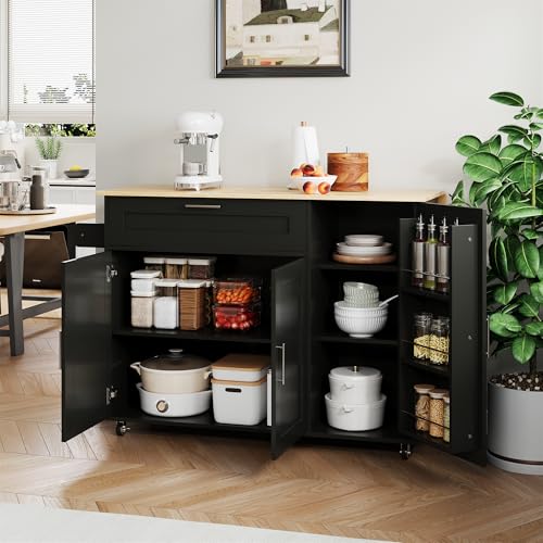 Goldicoo Carro de cocina plegable, 132,5 x 44 x 90 cm, color negro y natural, MDF, con estante para especias y toallero, 5 ruedas, carrito de servir móvil