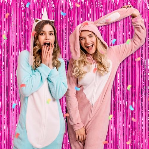 Image of 3 Pack Fuchsia Foil Fringe Curtains Backdrop, 3.28 x 9.8 Ft Metallic Streamers Tinsel Curtains Background for Photo Booth, Birthday, Halloween, Christmas, Thanksgiving, New Year Party Decorations