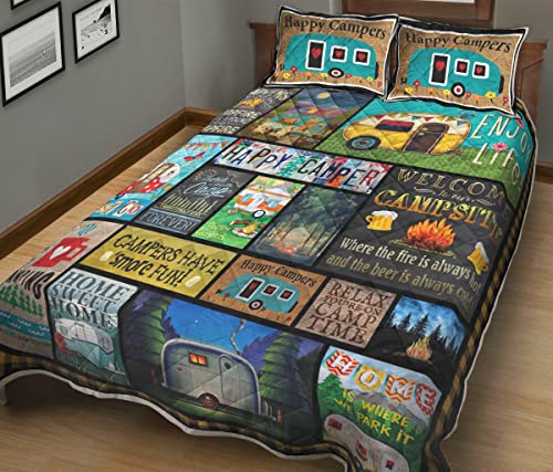 Camp Quilt Happy Camper Comforter Camping Blankets Quilted Customized Camp Bedding Queen Rv Travel Themed Bedding For Rv Trailers Bedding For Camping Camper Gift On Birthday (Queen (80X90 Inches)) #TOP1