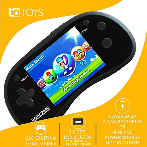 IQ Toys Handheld Arcade Game Zone Player Console Classic 220 Preloaded Video Games for Kids, 16 BIT Large 3" Screen, Rechargable, Black