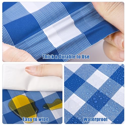 Image of Kochorie 54 Inch x 100 Ft Blue Checkered Plastic Table Cloth Roll Disposable Waterproof Table Cover Plastic Table Cover Roll with Easy Slide Cutter for Outdoor Picnic /Home Dining /Summer Party
