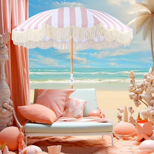 Sombrilla con flecos estilo boho chic e inclinación ajustable de 200cm 5