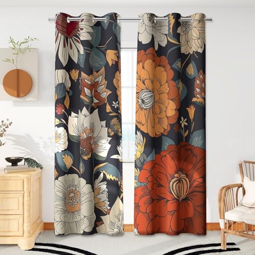 Image of Tyrot Black Boho Floral Grommet Blackout Curtains, 42W x 63L, 2 Panels | Fall Botanical, Thermal Insulated, Heat Blocking, Light Blocking Privacy, Drapes for Bedroom and Living Room, Heavyweight