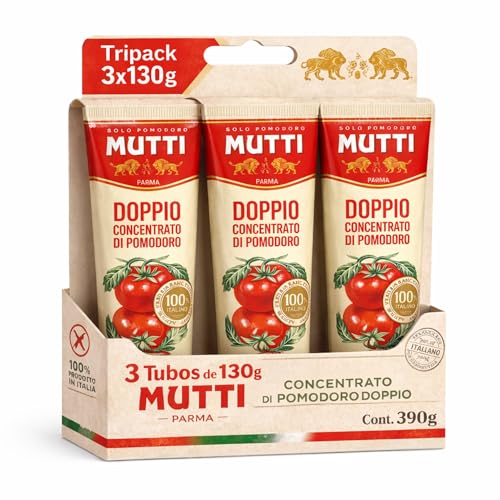 Concentrado de tomate doble Mutti, Pasta de Tomate Doble Concentrada, Hecho de pomodoro 99,5%, sal, Sin Gluten, Sin Lactosa, Producto Italiano, Contiene 3 tubos de 130 gr