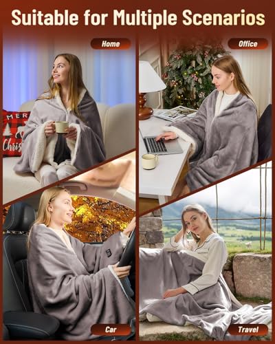 Portable USB Heated Blanket, 70x 30, Cordless, 3 Heat Settings, Machine Washable, Grey (Battery Not Included)