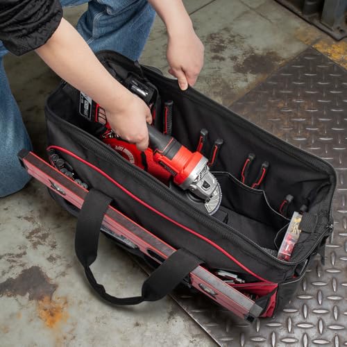 Image of HAUTMEC 24 inch Heavy-Duty Large Tool Bag, 1680D Wear-Resistant Wide Mouth Tool Bag with Metal Frame & Hard Base, 36 Pockets, Level Holder, Anti-Tangle Padded Shoulder Strap - HT0284