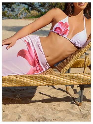 Verdusa Women's 3 Piece Floral Halter Bikini Set Colorblock Tie Back Swimsuit with Cover Up Skirt3