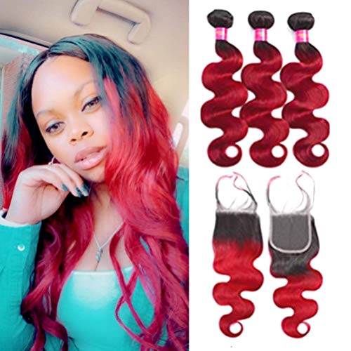 Brazilian Hair 3 Bundles Body Wave Human Hair weave Weft With 4x4 Lace Frontal Closure Two Tone Ombre Burgundy Hair Bundles with Closure (18 20 22+20 Closure,#1B/Burg)