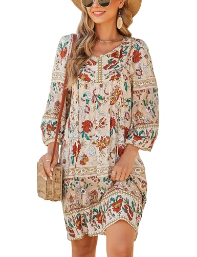Image of Bluetime Women Casual Summer Dress Boho V Neck 3 /4 Sleeve Babydoll Floral Print Flowy Beach Dress