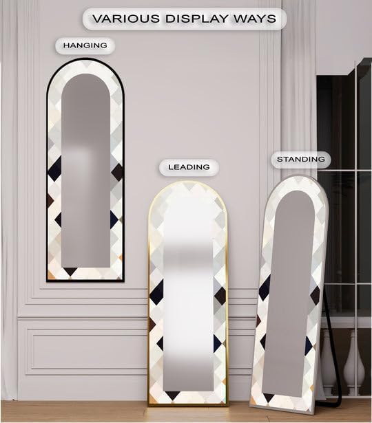 23,5’’W x 67’’H Ivory Diamond Glow - Mosaic Floor Mirror Arched Full Lenght Mirror - Arch Full Body Stained Floor Mirror with Black Frame with Black Frame