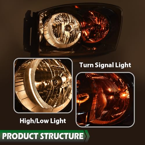 Image of GRAND ORANGE Headlights Assembly with Bulbs Compatible with Dodge Ram 1500 Truck 2006-2008 /Fits Dodge Ram 2500 3500 Truck 2006-2009 Left and Right Side Clear Lens Chrome Housing Clear Reflector