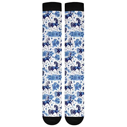 Kigai 1 Pair Blue Horse Floral Compression Socks 20-30Mmhg Knee High Women Socks Tube Athletic Stockings For Men Sport Soccer Running Cycling Medical Nurse Winter Travel #TOP6
