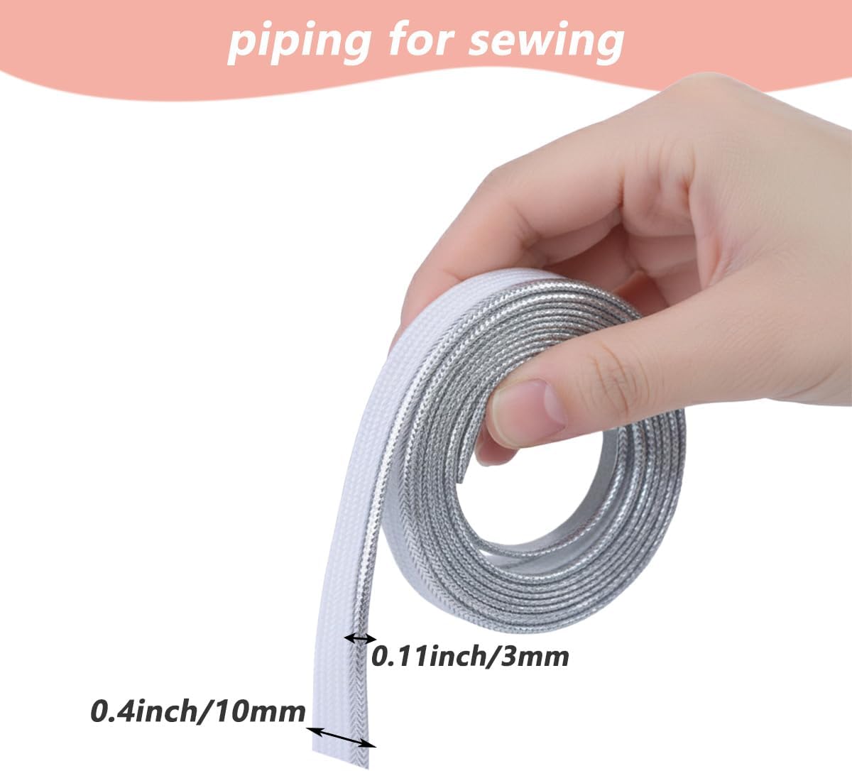 15 Yards, 0.4 inch Wide Piping for Sewing,Edge Trim Ribbon,Fabric Trim for Sewing Clothing Pillows Lamps Draperies Home Decor Upholstery[Silver]