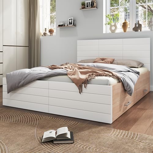 REXO Doppelbett Holzbett Bettanlage 140×200cm mit 2 Schubladen,Modernes Bett inkl. Bettgestell &Lattenrost-207×80×145cm (L×H×B) Set in Eiche/Weiß(Mit Matratze)