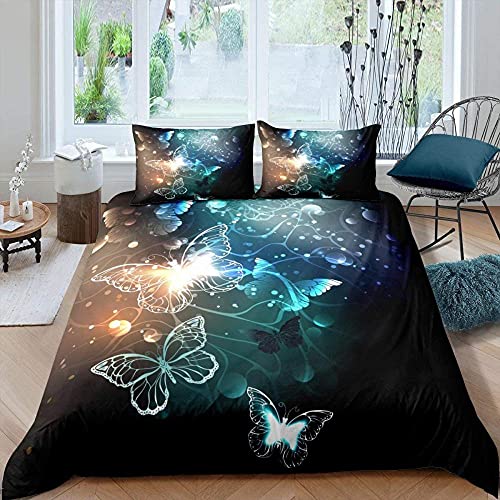 Meimall Housse De Couette Bleu Papillon Animal Art 220X240 Cm Parure De Lit Personne avec Housse De Couette en Microfibre Et Taies d'oreiller, 3D Imprimé Ensemble De Literie pour Adulte Enfant Filles