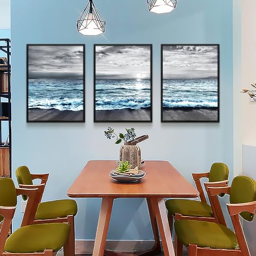 Black Framed Wall Decorations For Living Room Large size 3 Piece Framed Canvas Wall Art Black And White Wall Painting Blue Ocean Sea Wave Pictures Artwork For Modern Beach Posters Home Decor