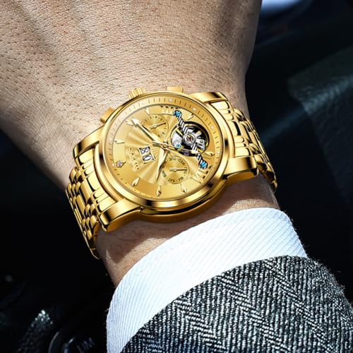 Image of OLEVS Watches for Men Automatic Skeleton 5 Hands Mechanical Luxury Watch Classic Calendar Stainless Steel Waterproof Mens Wrist Watch