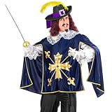 NET TOYS Imposantes Musketier Kostüm für Herren - Blau-Weiß XL (54) - Herrschaftliche Männer-Verkleidung Mittelalter-Hemd mit Umhang - Wie geschaffen für Mittelalterfest & Kostümfest