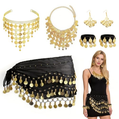 FuYang 7 Pièces Ceinture Danse Orientale Femme avec Coiffes en Pièces D'or et Bijoux, Élégant et Mystérieux Accessoires Danse Orientale Noire, pour...