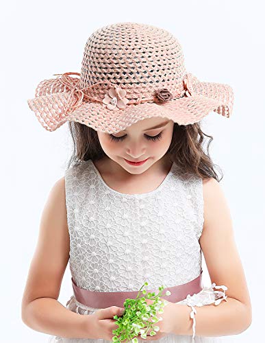 Bienvenu Girls Straw Hat Sun Hat Summer Beach Hat with Flowers4