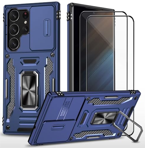 CLYDITE para Funda Samsung Galaxy S25 Ultra Carcasa Silicona Azul con Cristal Templado [2 Piezas] Cubierta de cámara Deslizante TPU 360 Grados Anillo Giratorio Soporte Coche