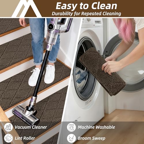 Image of COSY HOMEER Stair Treads for Wooden Steps 11 inchx30 inch Washable Indoor Carpet Stair Treads Non Slip Soft Polyester Stair Carpet Tread Reusable Stair Runner Rugs for Kids, Elders,Pets,Brown,4pcs