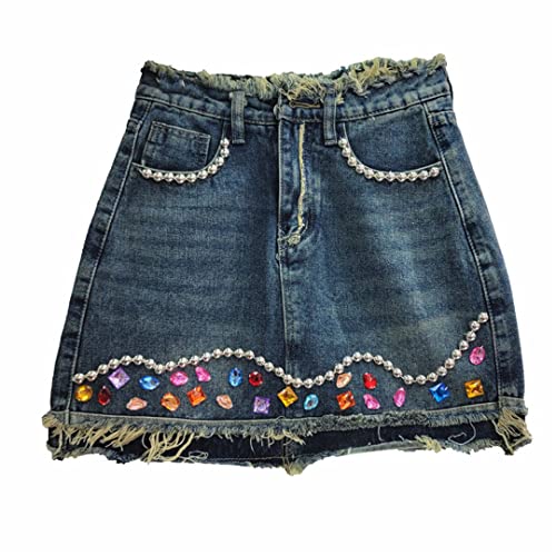 Falda Vaquera con Incrustaciones De Diamantes Y Cuentas Falda Corta para Mujer Faldas Vaina Deshilachadas Adelgazantes De Cintura Alta De Verano