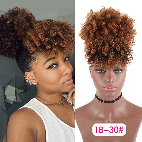 Afro Puff Ponytail Drawstring with Bangs Synthetic Short Kinky Curly Drawstring Hair Bun Pony Tail for Black Women Clip in on Wrap Updo Hair Extensions (T1B/30)