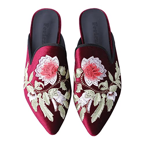 Image of Fericzot Women's Velvet Backless Pointed Toe Slip On Loafers Flats Embroidery Mule Slippers Shoes