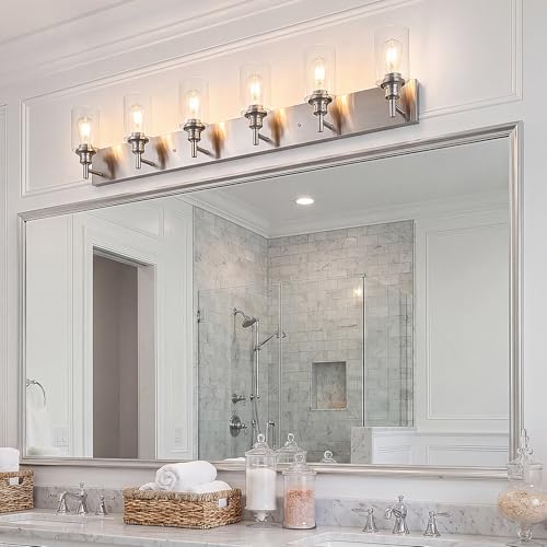 Image of Brushed Nickel 6 Light Bathroom Vanity Lights with Clear Glass Shade, Modern Industrial Bathroom Lighting Fixtures Over Mirror, E26 Vanity Wall Sconces for Bedrom Podwer Room Hallway