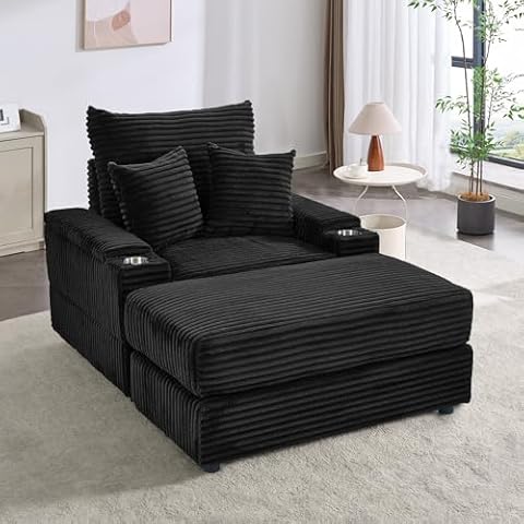 Oversized Chaise Lounge Chair with Cup Holders+Storages, Plush Corduroy Sofa with Ottoman Set Modern Comfy Sofa Deep Seat Reclining Chair Sofa for Living Room Bedroom (Black, Single Seat) Cover