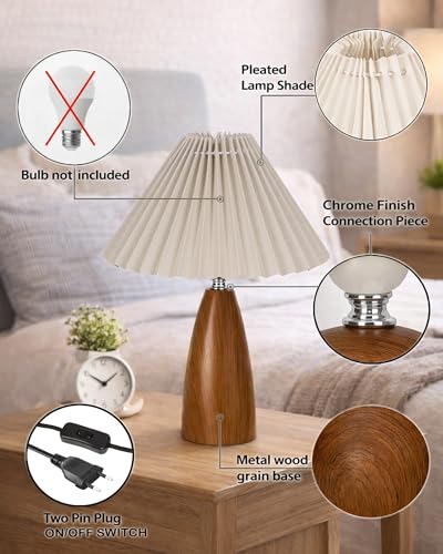 Image of Homesake Wood Grain Pattern Small Table Lamp, Desk Light, Wooden Bedroom Lamps for Nightstand, Scalloped Lamp Shade Table Lamps Small Spaces, Bedroom, Living Room, Taper Cone, (Pleated Khadi)