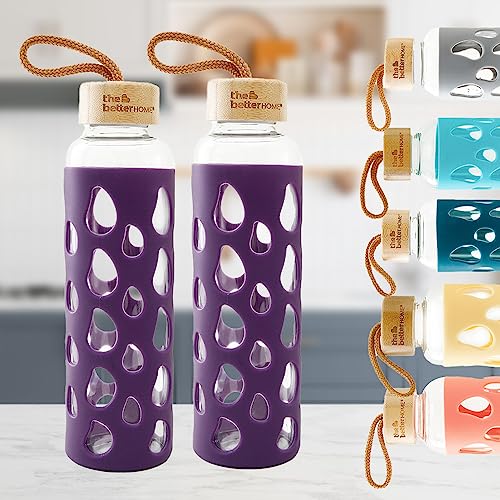 Image of The Better Home Borosilicate Glass Water Bottles 550ml, Pack of 2 with Silicone Sleeve & Bamboo Lid, Fridge Bottles for Home & Office, Purple